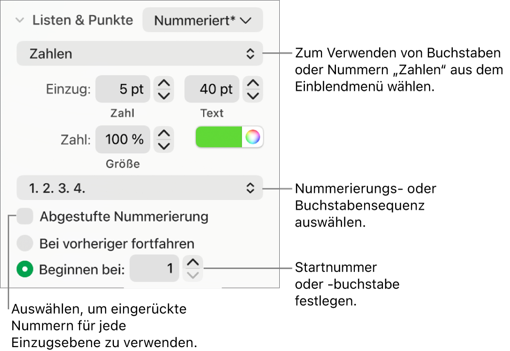 Steuerelemente zum Ändern des Zahlenstils und -abstands einer Liste