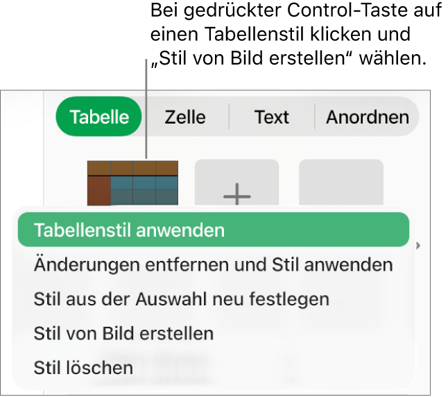 Das Kontextmenü für den Tabellenstil