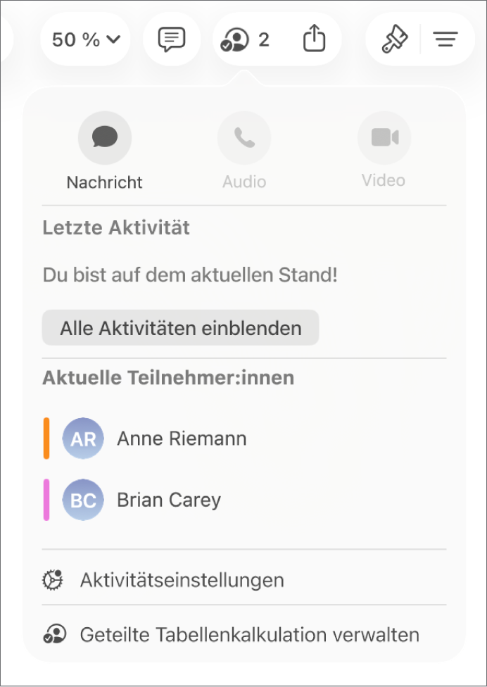 Das Menü für die Zusammenarbeit mit den Namen von Personen, die gemeinsam eine Tabellenkalkulation bearbeiten.