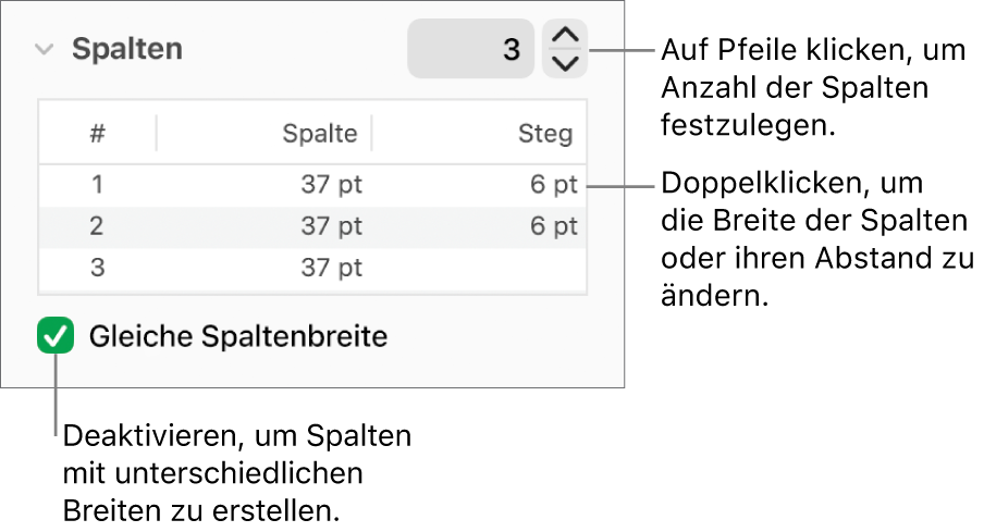 Steuerelemente im Abschnitt „Spalten“ zum Ändern der Spaltenanzahl und der Breite der einzelnen Spalten.