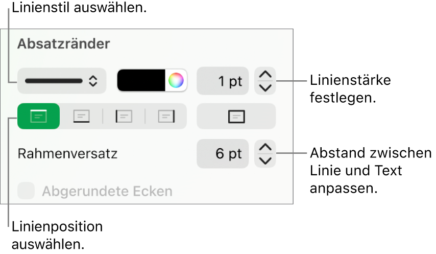 Steuerelemente, um Stil, Stärke, Position und Farbe der Linie zu ändern.