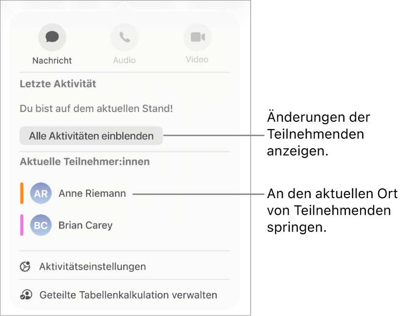 Das Menü „Zusammenarbeiten“, in dem zwei aktuelle Teilnehmer:innen aufgelistet sind.