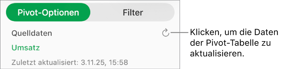 Der Tab „Pivot-Optionen“ mit der Option zum Aktualisieren der Pivot-Tabelle