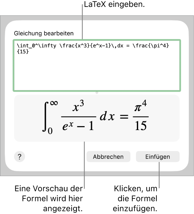 Die quadratische Formel, die mit LaTeX in das Feld „Gleichung“ geschrieben wurde, und einer Vorschau der Formel darunter.