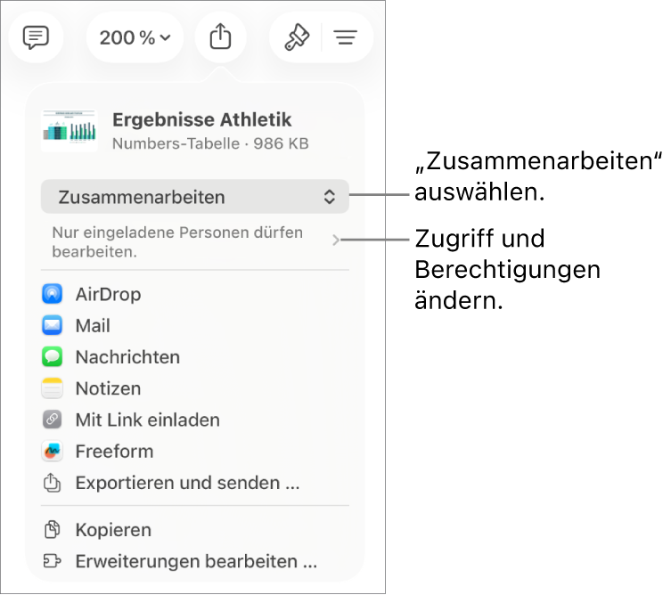Im Menü „Teilen“ ist „Zusammenarbeiten“ oben ausgewählt und die Einstellungen für Zugriff und Berechtigungen befinden sich darunter.