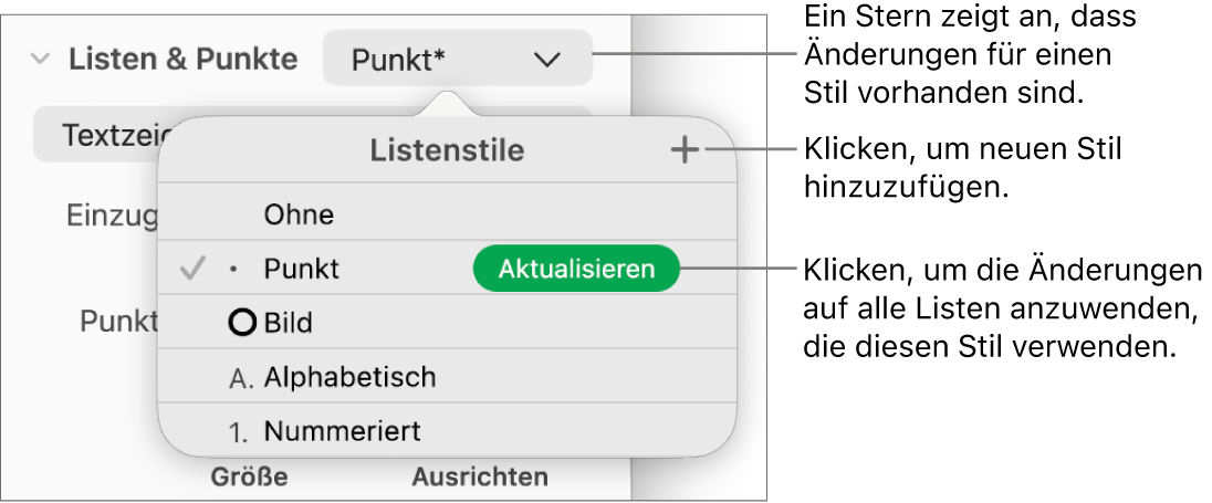 Das Einblendmenü „Listenstile“ mit einem Sternchen, das auf eine Stiländerung hinweist, Beschreibungen für die Taste „Neuer Stil“ sowie ein Untermenü mit Optionen zum Verwalten von Stilen