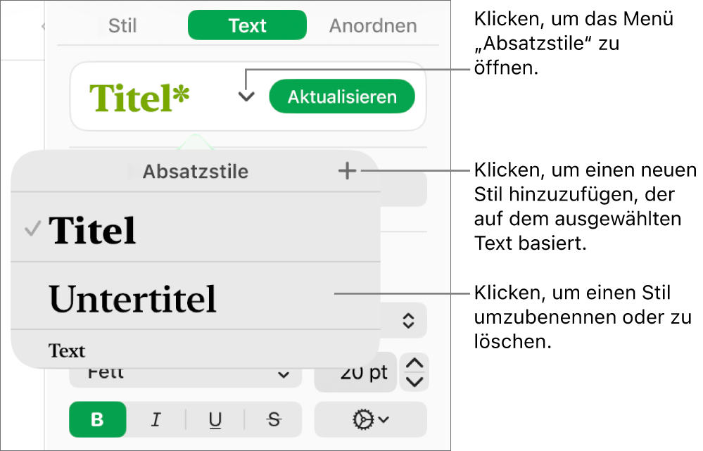 Menü „Absatzstile“ mit Steuerelementen zum Hinzufügen oder Ändern eines Stils.