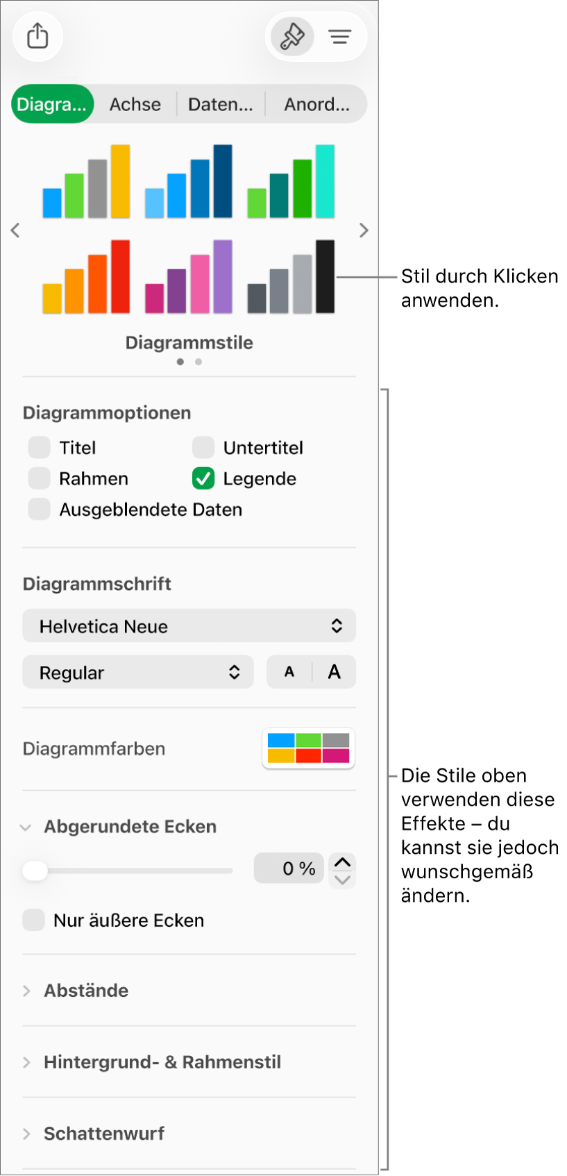 Formatierungsseitenleiste mit Steuerelementen zum Formatieren von Diagrammen