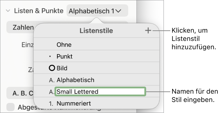 Das Einblendmenü „Listenstile“ mit der Taste „Hinzufügen“ in der oberen rechten Ecke und einem Platzhalter für den Stilnamen, dessen Text ausgewählt ist.
