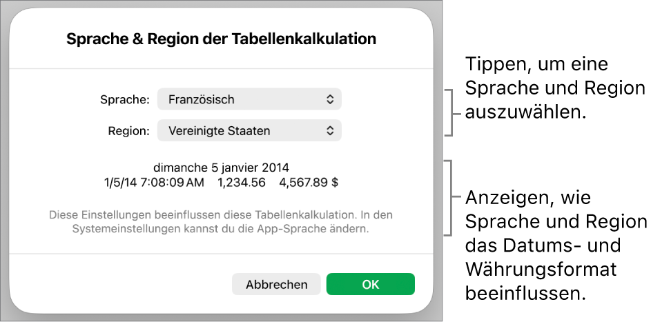 Der Bereich „Sprache & Region“ mit Einblendmenüs für Sprache und Region sowie einem Formatierungsbeispiel für Datum, Uhrzeit, Dezimalstellen und Währung.