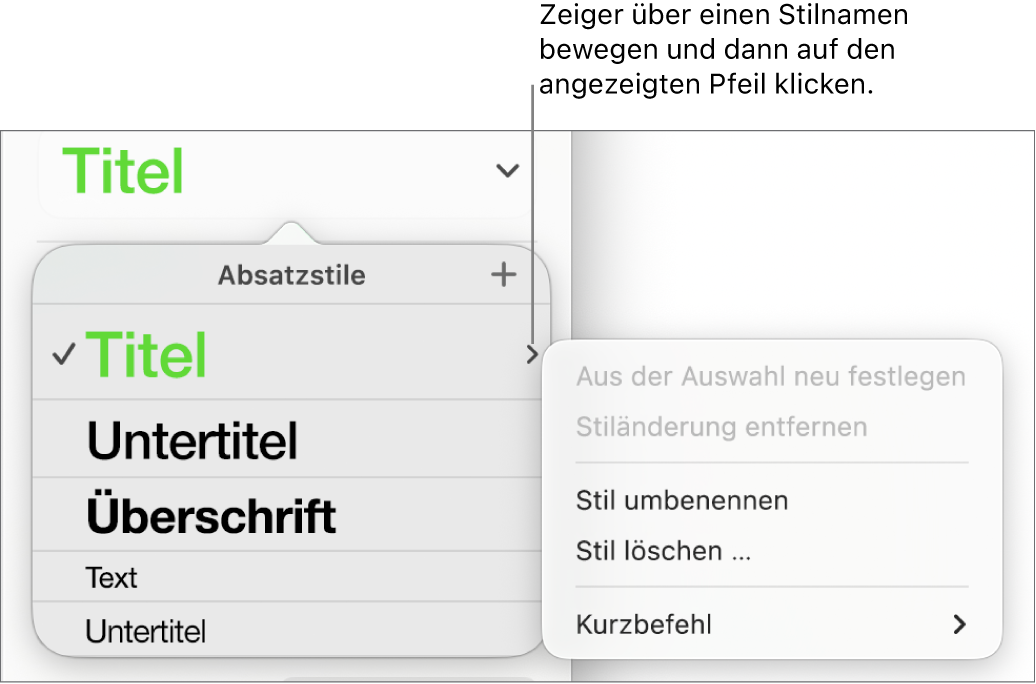 Das Menü „Absatzstile“ mit geöffnetem Kontextmenü