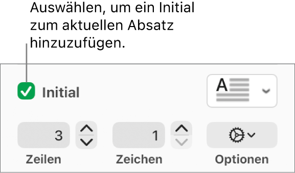 Das Feld „Initial“ ist markiert und rechts davon wird ein Einblendmenü angezeigt; Steuerelemente zur Einstellung der Zeilenhöhe, der Anzahl der Zeichen und weitere Optionen erscheinen darunter.