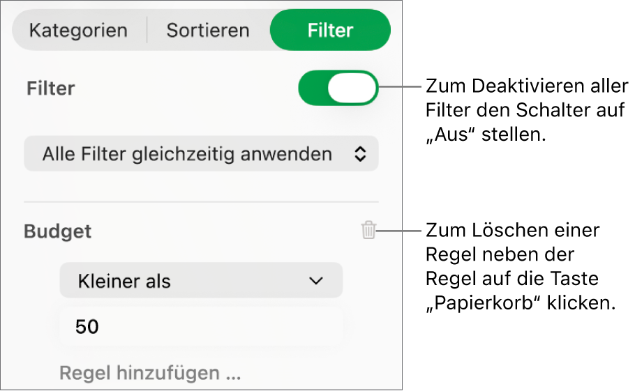 Steuerelemente zum Löschen eines Filters oder zum Deaktivieren aller Filter
