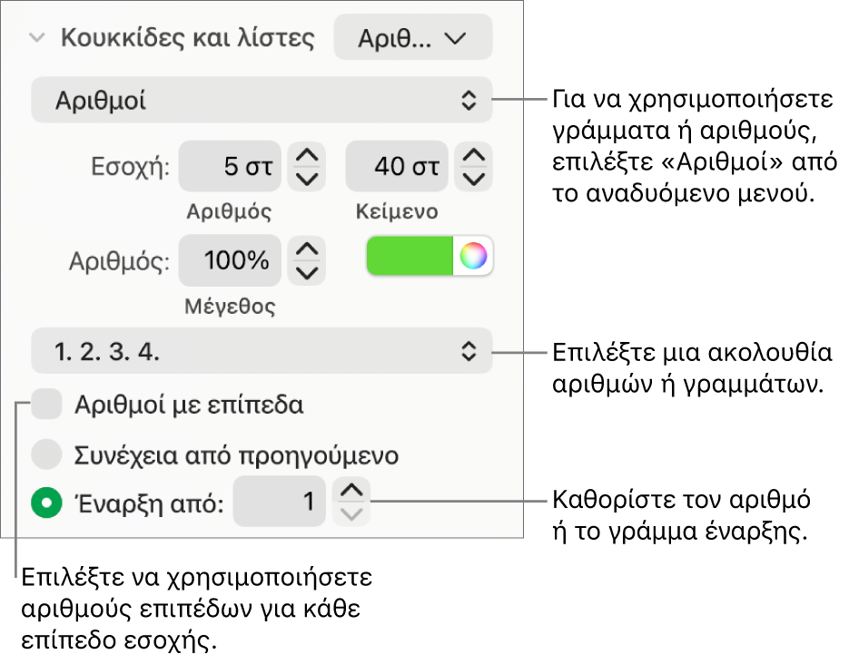 Στοιχεία ελέγχου για την αλλαγή του στιλ αριθμών και της απόστασης σε μια λίστα.