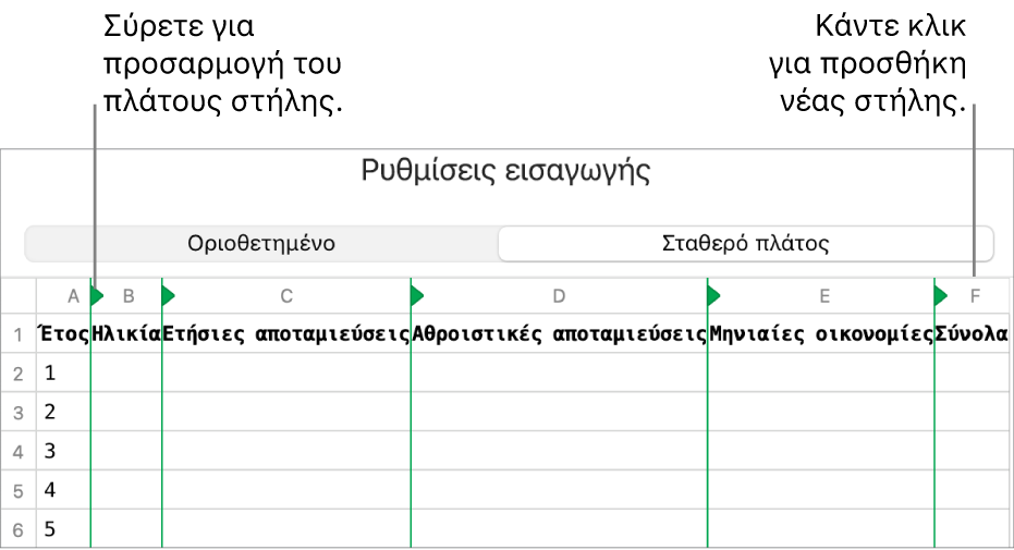 Οι ρυθμίσεις εισαγωγής για ένα αρχείο κειμένου σταθερού πλάτους.