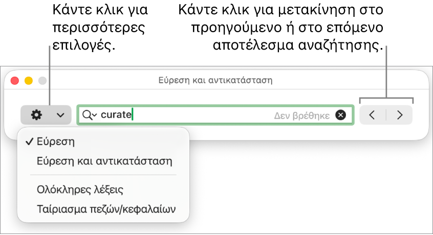Το παράθυρο «Εύρεση και αντικατάσταση» με το αναδυόμενο μενού που εμφανίζει επιλογές για «Εύρεση», «Εύρεση και αντικατάσταση», «Ολόκληρες λέξεις» και «Ταίριασμα πεζών/κεφαλαίων». Τα βέλη στα δεξιά σάς δίνουν τη δυνατότητα μεταπήδησης στα προηγούμενα ή στα επόμενα αποτελέσματα αναζήτησης.