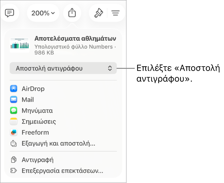 Το μενού «Κοινή χρήση» με επιλεγμένη την «Αποστολή αντιγράφου» στο πάνω μέρος.