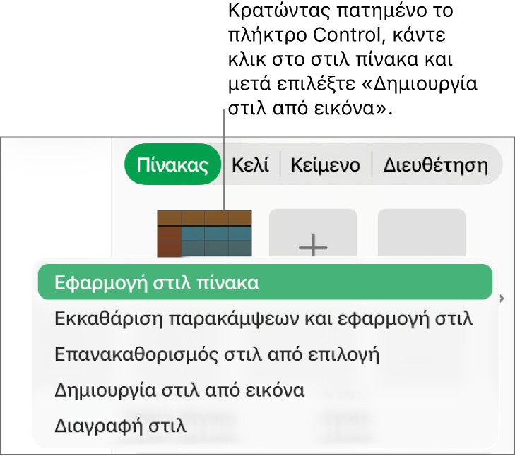 Το μενού συντόμευσης στιλ πίνακα.