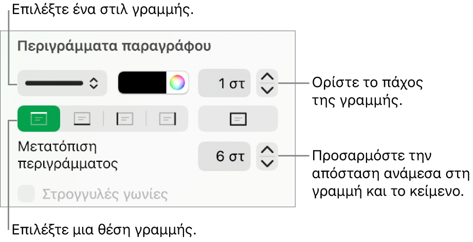 Στοιχεία ελέγχου για την αλλαγή του στιλ, πάχους, θέσης και χρώματος γραμμής.