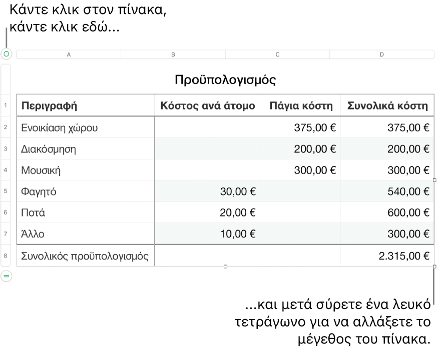 Επιλεγμένος πίνακας με λευκά τετράγωνα για αλλαγή μεγέθους.
