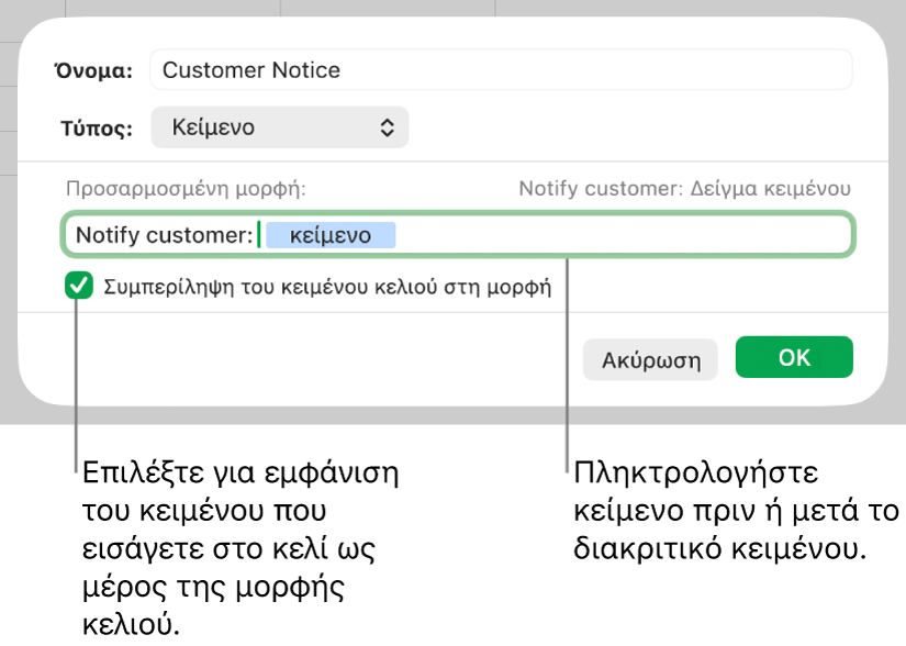 Προσαρμοσμένη μορφή κελιού κειμένου.