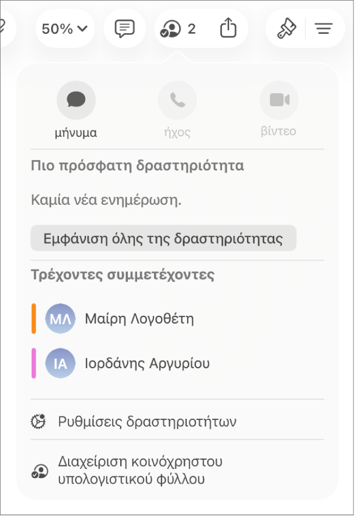 Το μενού συνεργασίας, στο οποίο εμφανίζονται τα ονόματα των ατόμων που συνεργάζονται στο υπολογιστικό φύλλο.