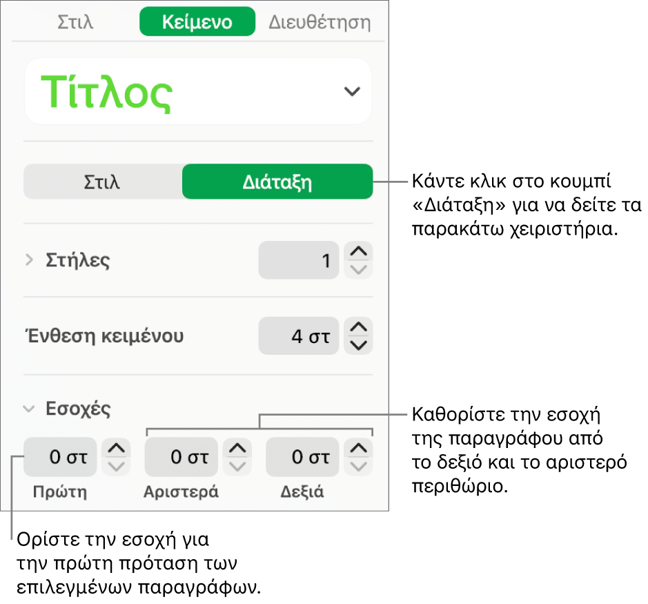 Η ενότητα «Διάταξη» της πλαϊνής στήλης «Μορφή» που εμφανίζει στοιχεία ελέγχου για τον καθορισμό της εσοχής πρώτης γραμμής και των περιθωρίων παραγράφου.