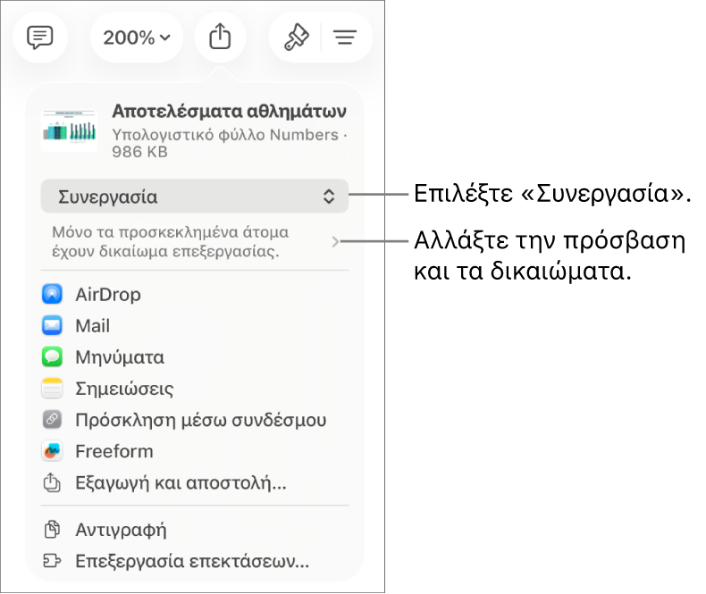 Το μενού «Κοινή χρήση» με επιλεγμένη τη «Συνεργασία» στο πάνω μέρος, και ρυθμίσεις πρόσβασης και δικαιωμάτων από κάτω.