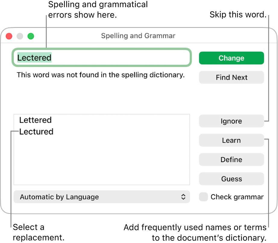 The Spelling and Grammar window.