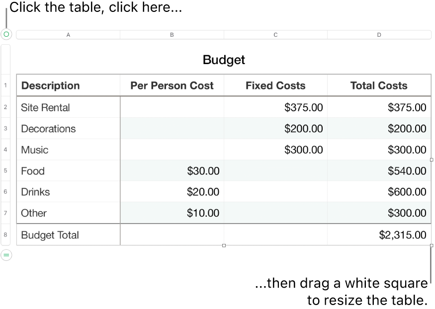A selected table with white squares for resizing.