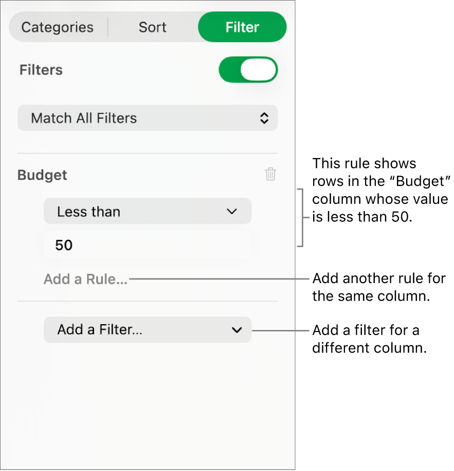 Controls for creating filtering rules.