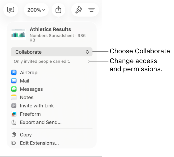The Share menu with Collaborate selected at the top, and access and permission settings underneath.
