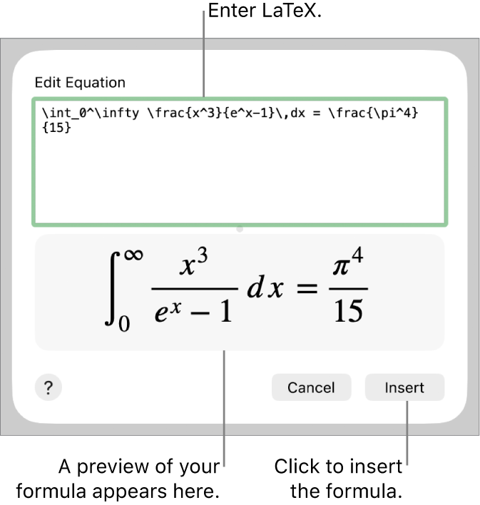 The quadratic formula written using LaTeX in the Equation field and a preview of the formula below.