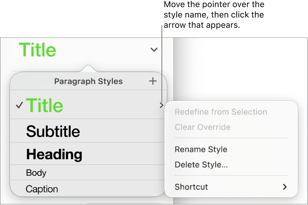 The Paragraph Styles menu with the shortcut menu open.