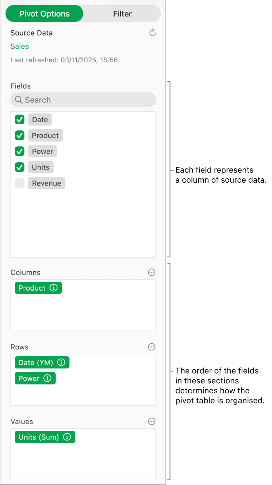 The Pivot Options menu showing fields in the Columns, Rows and Values sections, as well as controls to edit the fields and refresh the pivot table.