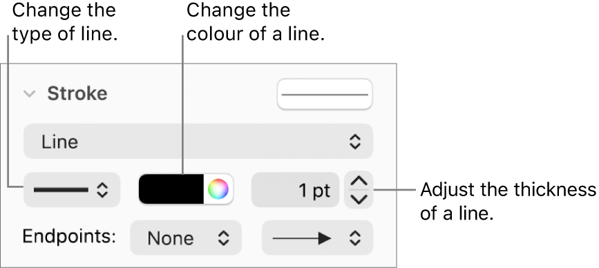 The stroke controls for setting endpoints, line thickness and colour.