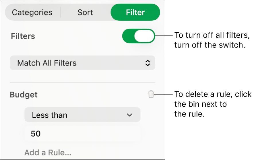 Controls for deleting a filter or turning off all filters.