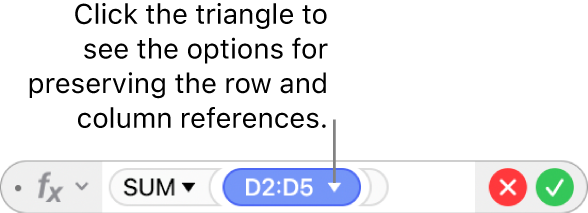 The Formula Editor with a triangle that you click to open options for preserving the row and column references.