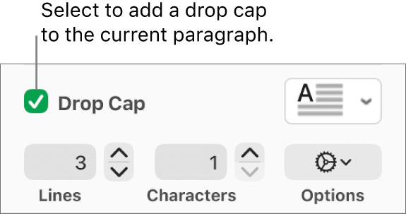 The Drop Cap tickbox is selected, and a pop-up menu appears to its right; controls for setting the line height, number of characters and other options appear below it.