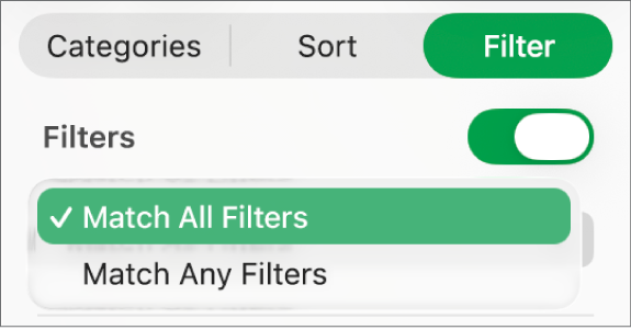The pop-up menu to choose between showing rows that match all filters or any filter.