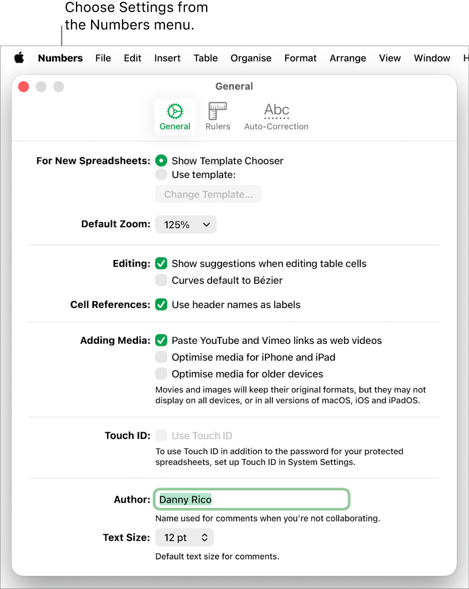 Numbers settings window open to the General pane, with settings for new spreadsheets, default zoom, editing, cell references, equations, adding media, Touch ID, author name and default text size.