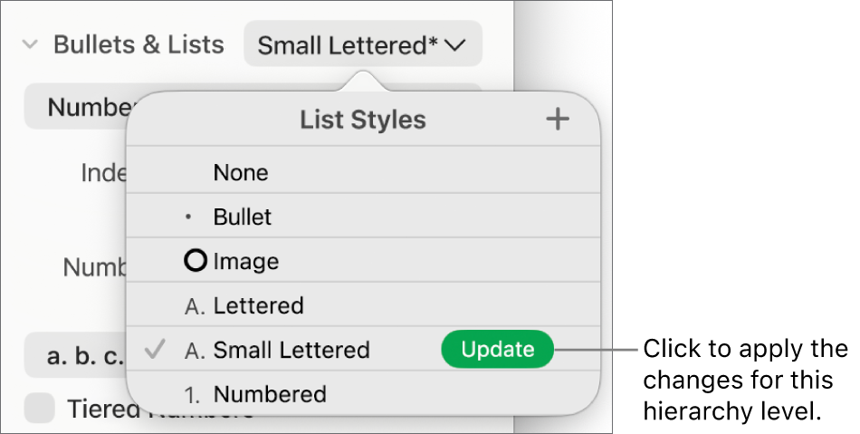 The List Styles pop-up menu with an Update button next to the name of the new style.