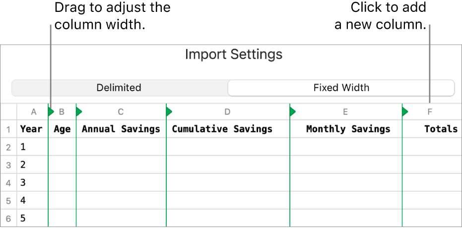 The import settings for a fixed-width text file.