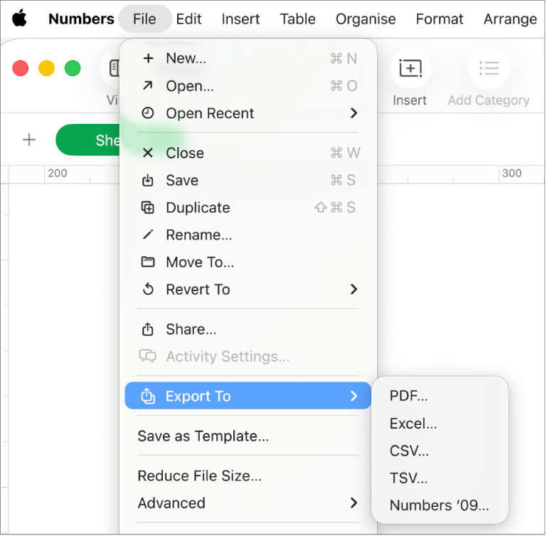 The File menu open with Export To selected, with its submenu showing export options such as PDF, Excel and CSV.