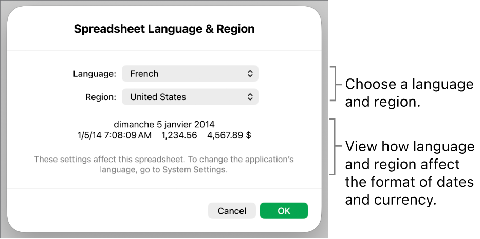 Language & Region pane with controls for language and region, and a format example including date, time, decimal and currency.