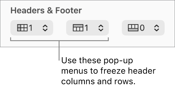The pop-up menus for adding header and footer columns and rows to a table and for freezing header rows and columns.