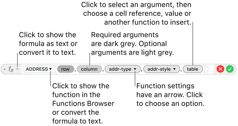 The Formula Editor showing the ADDRESS function and its arguments tokens.