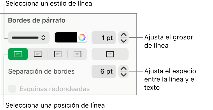 Controles para cambiar el estilo de línea, grosor, posición y color.