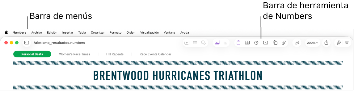 La barra de menús en la parte superior de la pantalla con los menús Apple, Numbers, Archivo, Edición, Insertar, Tabla, Organizar, Formato, Ordenar, Visualización, Ventana y Ayuda. Debajo de la barra de menús hay una hoja de cálculo de Numbers abierta con los botones de la barra de herramientas.