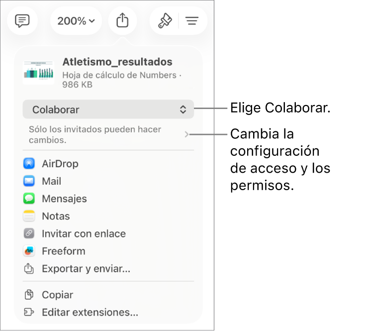 El menú Compartir con la opción Colaborar seleccionada en la parte superior, y la configuración de acceso y permisos debajo.